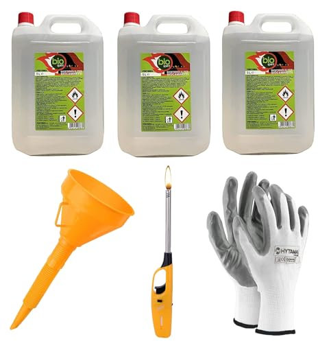 3 Pezzi - Bioetanolo combustibile stufe Bio Sprint 5 litri 99,9% inodore no fumo naturale no zolfo + Accendino + Imbuto + Guanti Omaggio