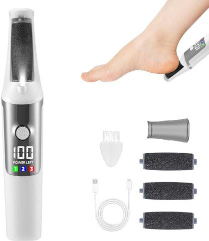 Electric Foot Files Pedicure Feet Hard Skin Remover Kit, Rechargeable Callus Remover for Feet, Waterproof Foot Care Skin Removers with 3 Rollers/3 Speeds/LED Light, for Calluses, Cracked, Rough