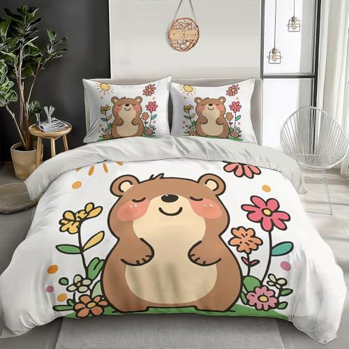 JSCWDET Brown Cartoon Beaver Duvet Cover King Pink Flowers Sunshine Bedding Set, Soft Reversible Lightweight Bedding Sets With Zipper Closure (220×240Cm)