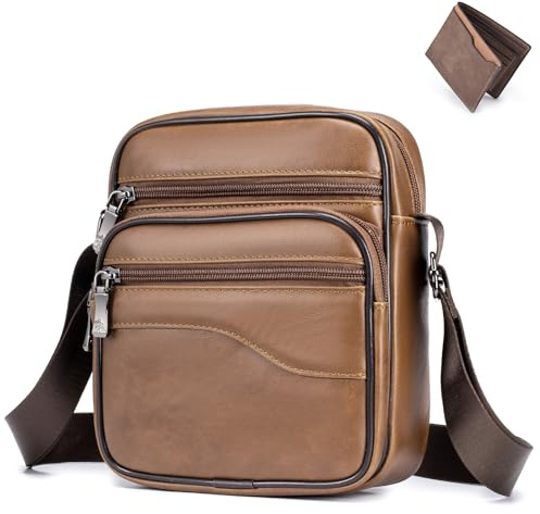 SPAHER Petit Sacoche Homme Bandouliere Cuir avec Portefeuille Sac a Main Pochette Homme Bandoulière Cuir Vintage Sac Porté Épaule Messager Besaces pour Décontracté Affaires