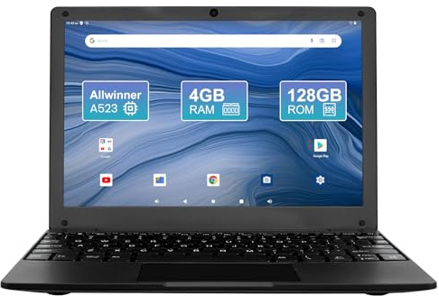 Fwmntu Mini Laptop Computer, 10.1 inch Android 13, 4GB RAM, 128GB Storage, HD IPS Display, 1280x800 Pixel, Portable Netbook with Allwinner A523 CPU Black