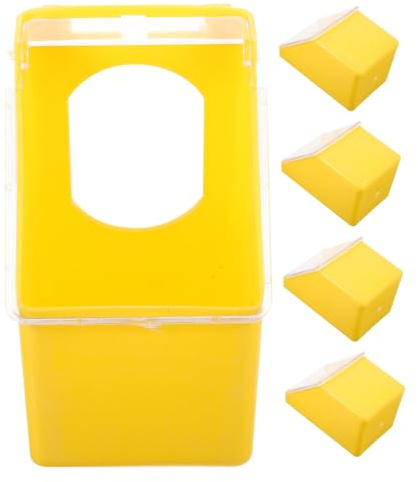 HAKIDZEL 5pcs Yellow Hanging Bird Cage Feeders with Clear Lids Plastic Single Hole Pigeon Feeder Boxes for Parakeet Dove Quail Poultry Food and Water Dispenser Easy Installation and Stable
