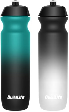 BuildLife Sport Water Bottle 2 Pack, 1000ml Squeeze Bottle, BPA Free & Leak Proof Dishwasher Safe Cycling Bottles for Working Out, Fitness, Hiking, Outdoor Sports (1L GreenBlack+BlackWhite)