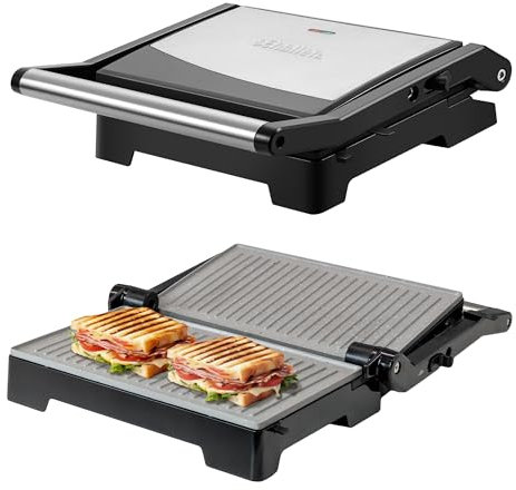 Schallen Panini Grill Press, 2 Slice Sandwich Panini Press & Toastie Maker Machine | Stainless Steel Kitchen Appliance with Non Stick Hot Plates, Cool Touch Handle, 1000W, Black & Silver