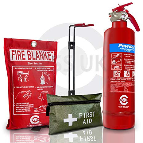 FSS UK 1 KG ABC Dry Powder FIRE Extinguisher with FIRE Blanket & 1st aid kit. British Standard CE Marked. Ideal for Homes Kitchens Workplace WORKSHOPS Offices Cars Vans Warehouses GARAGES Hotels Restaurants