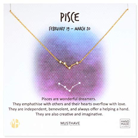 Zodiac 18K Gold Plated CZ Necklace With Message Card, Yellow Gold Color, Anchor Chain, Best Gift Necklace, Size 16 inch + 2 inch Extender, Zodiac Pendant, Constellation, Gift Card (Pisces)