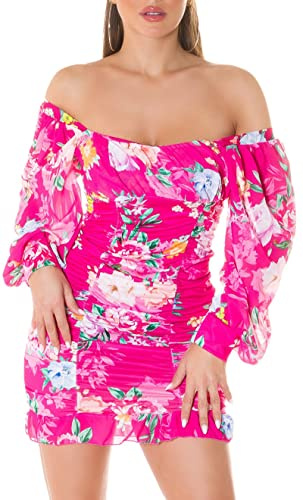 Flower Printed Romantique Off Shoulder Mini robe à manches ballon, Rose, Taille unique