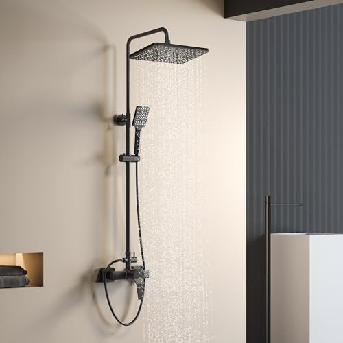 YOOZENA Duscharmatur Komplettset, Regendusche mit Armatur, Duscharmatur Schwarz, Duschsystem mit Regendusche, Duschkopf mit 3 Strahlarten, Duschstange