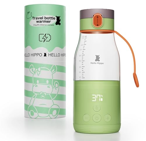 HELLO HIPPO® Premium bärbar flaskvärmare, USB, 300 ml - trådlös, batteri - perfekt för resor - mjölk-/vattenvärmare - gradering /30 ml - justerbar temperatur 37 till 50 °C + håller