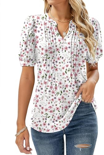 EFFAN Womens Summer Tops Casual V Neck Short Sleeve T Shirts Dressy Flower Print Tunic Blouse White Pink Floral L (UK 16-18)