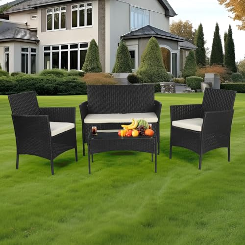 Lishetimig 4 Piece Rattan Garden Furniture Set, Patio furniture, Garden Table, Garden Sofa Chair Glass Top Coffee Table with Cushions, Ideal for Pool Side, Balcony, Outdoor and Indoor