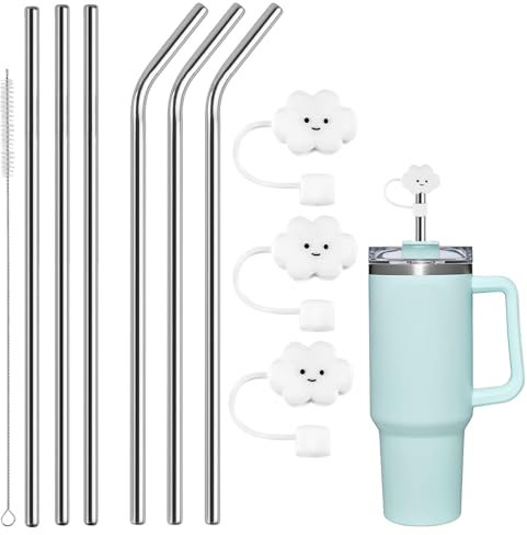 YNR Wiederverwendbares Edelstahl-Strohhalm-Set für Stanley Adventure Tumbler mit 4 robusten Trinkhalmen mit 1 Reinigungsbürste und 3 Strohhalmabdeckungen