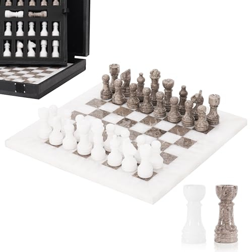 Juego de ajedrez de mármol de 10 pulgadas, blanco y oceánico con caja de almacenamiento y 2 juegos de mesa clásicos hechos a mano extra Queen para adultos, tablero de ajedrez de mármol de lujo y