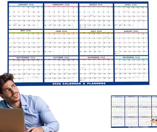 Väggkalender för torr radering – 12 månaders kalender årlig väggkalender | magnetisk whiteboardsats med torrraderbar kalender för kylskåp