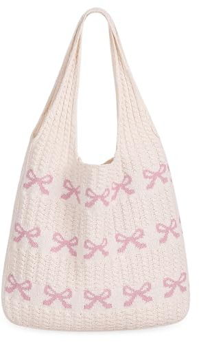 Etercycle Crochet Tote Bag, Mesh Beach Bag for Women Knit Summer Hobo Bag Vacation Boho Tote Bag (Pink Bow)
