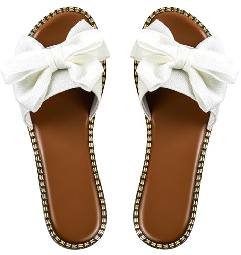 Sksshion Women's Bow Knot Slides Open Toe Flat Sandals Summer Slip On Slippers