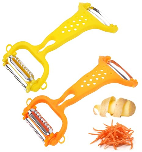 VEGCOO 2Pcs Éplucheur de Terre 3 en 1, Éplucheur à Fruits Légumes, Râpe Légumes Double Face en Acier Inoxydable (Orange + Jaune)