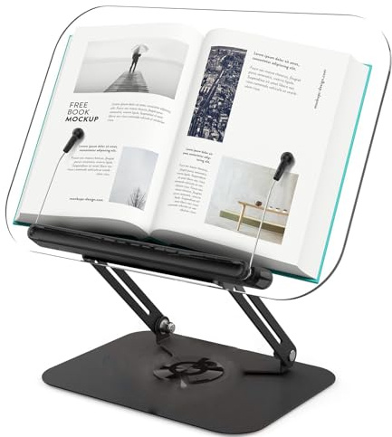 Supporto per libri in acrilico per lettura, supporto regolabile con base girevole a 360° e clip elastiche per pagine, supporto pieghevole da scrivania per libri di cucina, laptop, tablet, spartiti