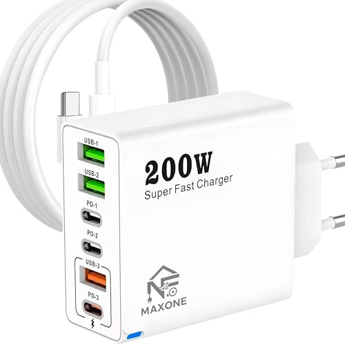 USB C-snabbladdare + kabel - flera USB-laddare med 6 portar - 200 W multipel USB-C-kontakt - USB C-adapter kompatibel med Samsung, iPad, iPhone, Huawei, Google, snabbladdning.200 W