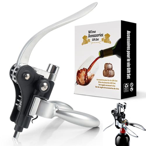 Set Cavatappi di Qualità con Tagliafoglio, Versavino e Tappo a Vuoto, Cavatappi a Leva Ergonomico in Lega di Zinco per Tutti i Tappi, Per Uomo e Appassionati di Vino