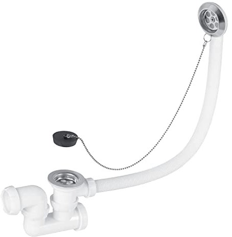 Wirquin SP5502 Ensemble complet vidage de baignoire L500 mm avec siphon orientable Ø40 et bonde à bouchon, blanc et chromé