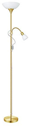 EGLO Lampada da terra Up 2, Piantana da terra a due luci, Lampadario da terra in acciaio, vetro e plastica, bianca, Lampada da lettura in ottone opaco, con interruttore, E27 + E14