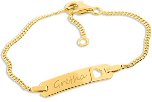 Baby ID Armband gold zur Taufe Geburt Taufarmband mit Gravur aus 925 Silber vergoldet mit Herz Namensarmband Baby Kind kurz 12cm 14cm Geschenke Taufe für Mädchen oder Junge