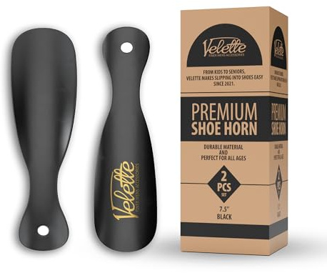 Velette Metal Shoehorn - 2 Pack 7.5 Long Shoe Horn, Travel Shoe Horn for Kids, Men & Women - Stainless Steel Shoes Helper, Spoon, Travel Size Shoehorn for Boots, Shoes, Sneakers & Heels - Black