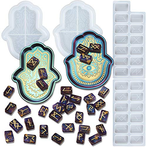 Musykrafties Mano Hamsa Y Rune Piedra Resina de Epoxy Silicona Moldes Set Palma Amuleto Placa Joyería Vaciado Suministros 4-count Longitud 1.18-6inch