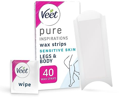 Veet Pure Cold Wax for Legs & Body, Sensitive Skin, 40 Strips + 4 Wipes, Root Hair Removal, 28 Days Smoothness, Hypoallergenic Formula, Packaging May Vary