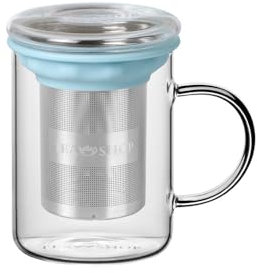 TEA SHOP - Taza de cristal para té o infusiones con filtro y tapa - All In One Mug Sky - Termorresistente con Infusor de Acero Inoxidable y Asa