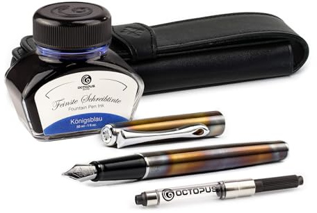 Diplomat Traveller Flame Füllhalter-Set, Füllhalter aus Metall im Set mit Stiftetui aus Leder, Schreibtinte in Königsblau und Tintenkonverter, Füller mit Edelstahlfeder Stärke M