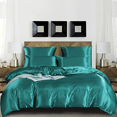 Damier Satin Bed Linen 155 x 220 cm Turquoise Green Smooth Shiny Duvet Cover Set 3-Piece Luxury Silk Duvet Cover with Zip and 2 Pillowcases 80 x 80 cm