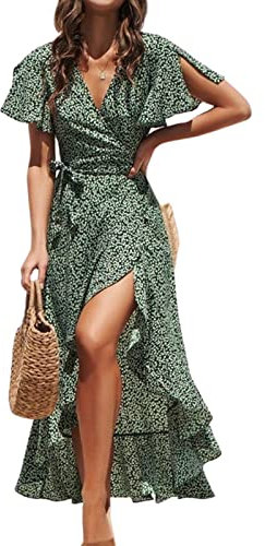 CUPSHE Women's Summer Wrap Maxi Dress - Casual Split Flared Sleeve V-Neck Ditsy Tie Waist Ruffle Beach Green S