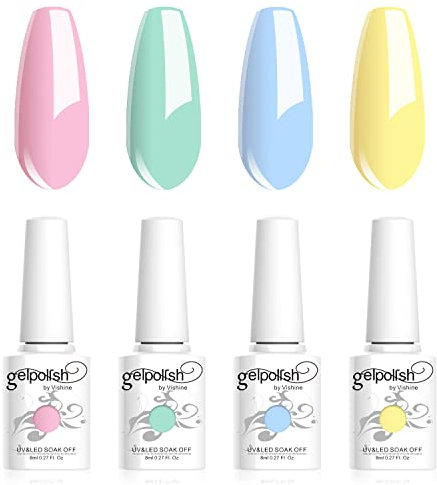 Vishine Set de Esmaltes de Uñas en Gel - 4 Colores Pastel Crema para Primavera y Verano: Rosa Bebé, Verde Menta, Azul Cielo, Amarillo, Esmalte en Gel para Nail Art, 8 ml C024