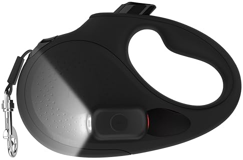 TUG Oval 360° Tangle-Free Retractable Dog Leash | Flashlight Included | Integrated Waste Bag Dispenser Pocket (Medium, Black)