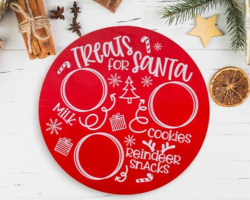 Rmeosye Santa Cookie Plate Treat Santa Christmas Wooden Round Tray Xmas Eve Cookies Milk Reindeer Snacks Cute Platter Mat Wood Plates Board for Christmas Decorations Supplies (Red)