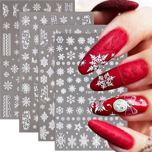 4 Sheets Christmas Nail Art Stickers White Glitter Snowflakes Nail Decals Self-Adhesive Manicure Tips DIY Christmas Nail Art Design Nail Decorations for Women Girls