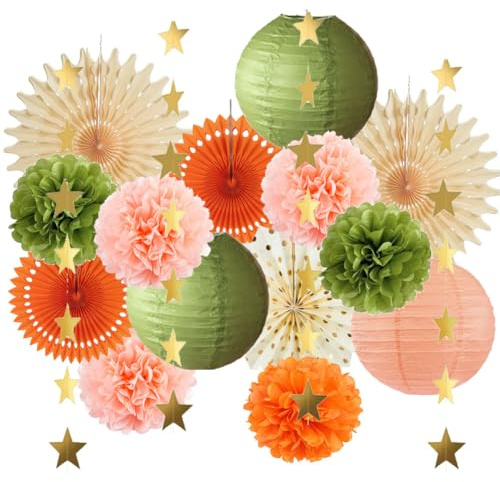 Decorazioni verde oliva e arancione lanterne di carta ventagli pompon in carta velina pesca e verde oliva decorazione con ghirlanda di stelle dorate per baby shower, addio al nubilato, decorazioni