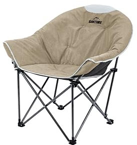 OUTDOOR LIVING SUNTIME Oversized Padded Camping Chair,Portable Comfy Outdoor Folding Moon Round Saucer Chairs for Adults with Holder and Carry Bag, Perfect for Hiking Lawn Patio Sports(Beige)