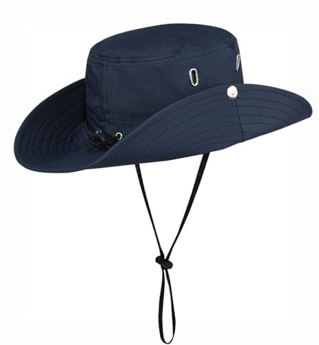 Rayson Sombrero de Pesca Hombre Mujer Gorra de Pescador Transpirable Sombrero de El Sol con Correa de Barbilla Protección UV Verano Boonie Gorra de ala Ancha para Aire Libre(Azul Marino)