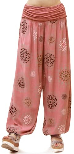 Glamexx24 Harembyxor dam lediga mjuka haremsbyxor lätta sportbyxor för yoga pilates hippie fitness dans sommar strand, Rosa flamingo med cirkulärt mönster, XL/3XL