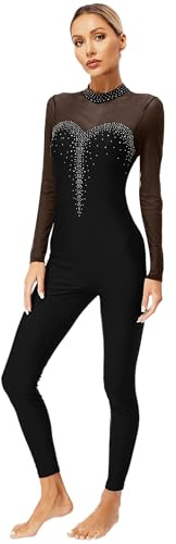 Runhomal Justaucorps de Danse Strass Femme Manches Longues Combinaison Danse Ballet Legging Gymnastique Tenue Patinage Artistique S-XXL Type A Noir XL