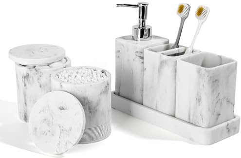 YMXYJM Bathroom Accessories Set, 6 Piece Bathroom Set with Toothbrush Holders, Soap Dispenser, Vanity Tray, Tumbler, Cotton Swab Jars, Bathroom Organizer，Bathroom Sink Sets, Artificial Marble White