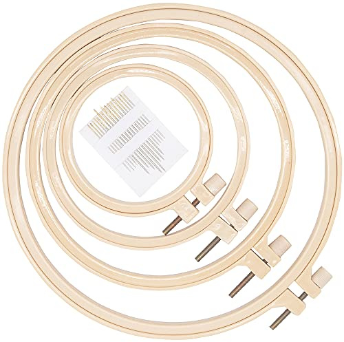 REBECASKYENS 4Pcs 4 Sizes Embroidery Hoops, Round Embroidery Hoop, Plastic Circle Cross Stitch Hoop Ring for Craft Sewing,with Gold Eye Embroidery Needles