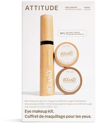 ATTITUDE Oceanly Brown Makeup Set, EWG Verified Eyeshadow and Lash Serum Infused Mascara, Vegan Beauty, Set of 3 Products