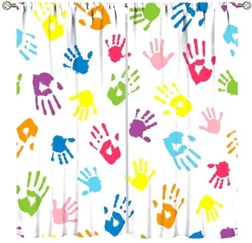 Kids Boys Girls Curtains,Color Handprints Print Pattern Window Treatments for Nursery Baby Bedroom Playroom Living Room Children's Day Window Drapes 2 Panels Sets Total Size 42 x 54
