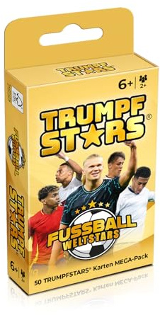 TRUMPFSTARS Fußball Weltstars - 50 Karten mit 50 Top Stars des Weltfußballs - Kartenspiel für 2-8 Spieler - ab 6 Jahren - Deutsche Sprache – Modernes Design - Plastikfrei - Fußballkarten - Qualität