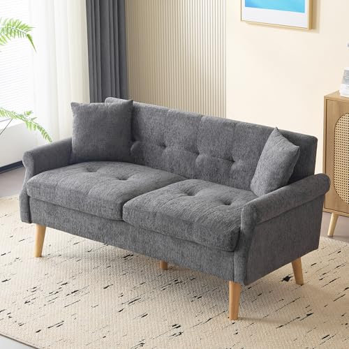 Gegtuon Couch Sofa, 2 Sitzer Polstersofa Doppelsofa mit Rückenlehne und Kissen, Modern Gepolsterte Loungesofa mit Armlehnen für Wohnzimmer Schlafzimmer Wohnung Büro, Chenille, 162x77x74 cm (Grau)