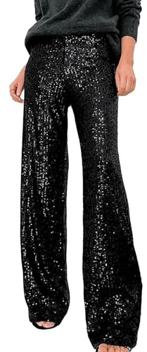 Fiacafyo Women Sequin Flared Trousers Sparkly Glitter High Waisted Wide Leg Pants Shiny Bling Bell Bottom Party Clubwear (A-Black, L)